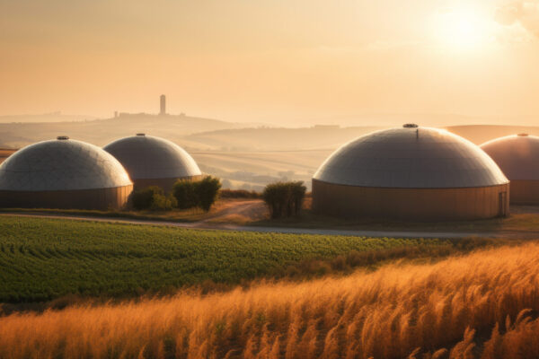 Biodigester facility with dome shaped structures surrounded by farmland, generative ai