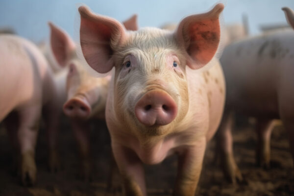 mother pig with her little pigs looking at the camera.