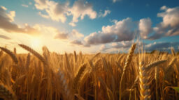 Wheat field with a sunset in the background